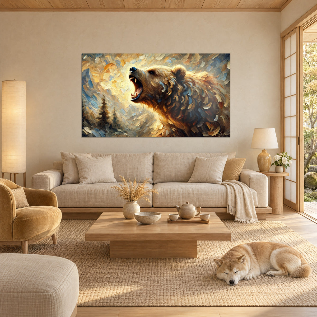 Wall art of a roaring grizzly bear in ochre and blue brushstrokes, mouth wide open against a gold background, a shiba lying beside it, above a sofa in a bright living room