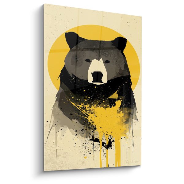 Tableau Ours noir et jaune au disque solaire - Éclaboussures de peinture - Edition Ours brun