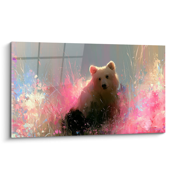 Quadri Orso bruno seduto in erba rosa - Risveglio primaverile - Edizione Orso bruno