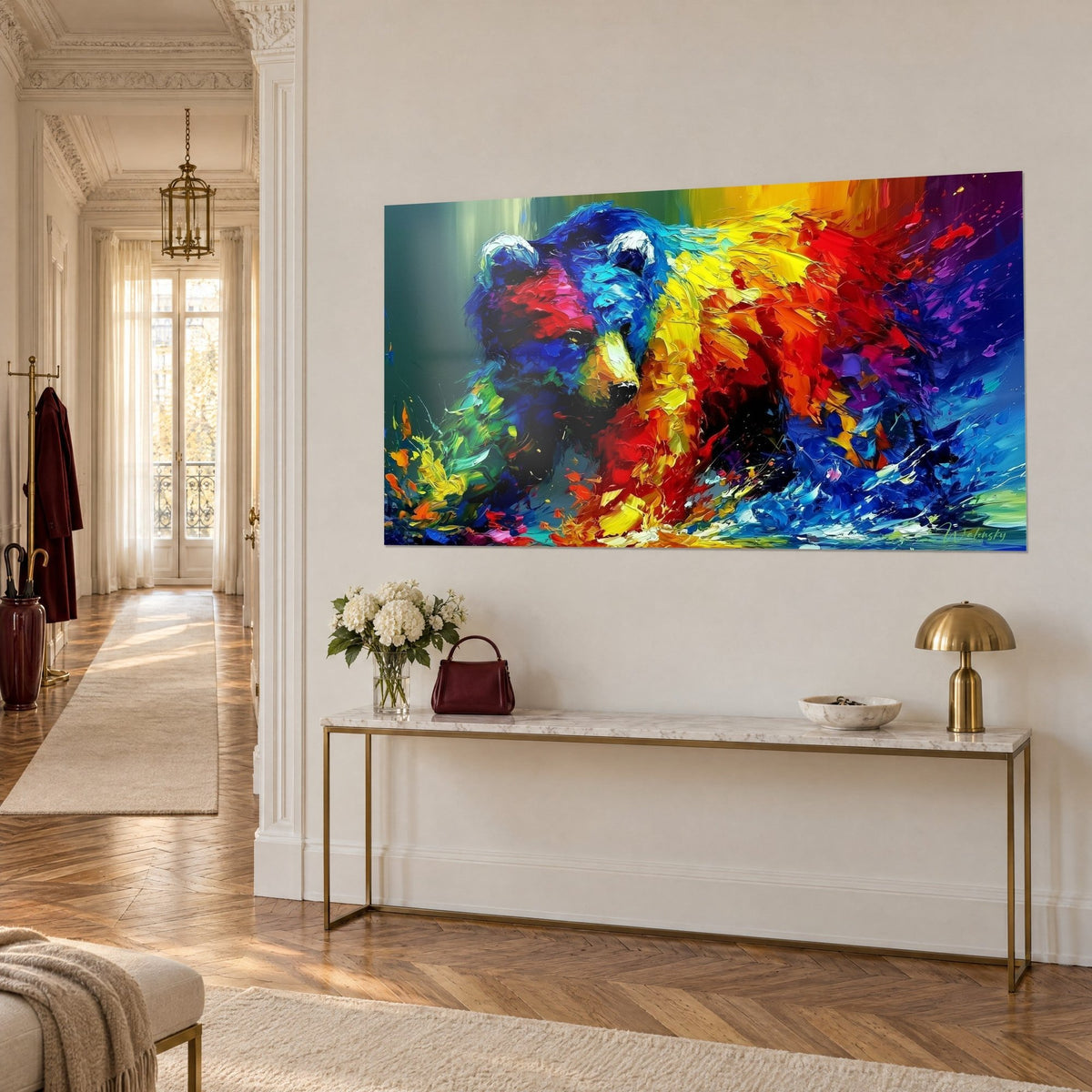 Wall art bear on the move, ivory muzzle and orange-yellow flank seen three-quarter view, above a gilded console, Haussmann hallway