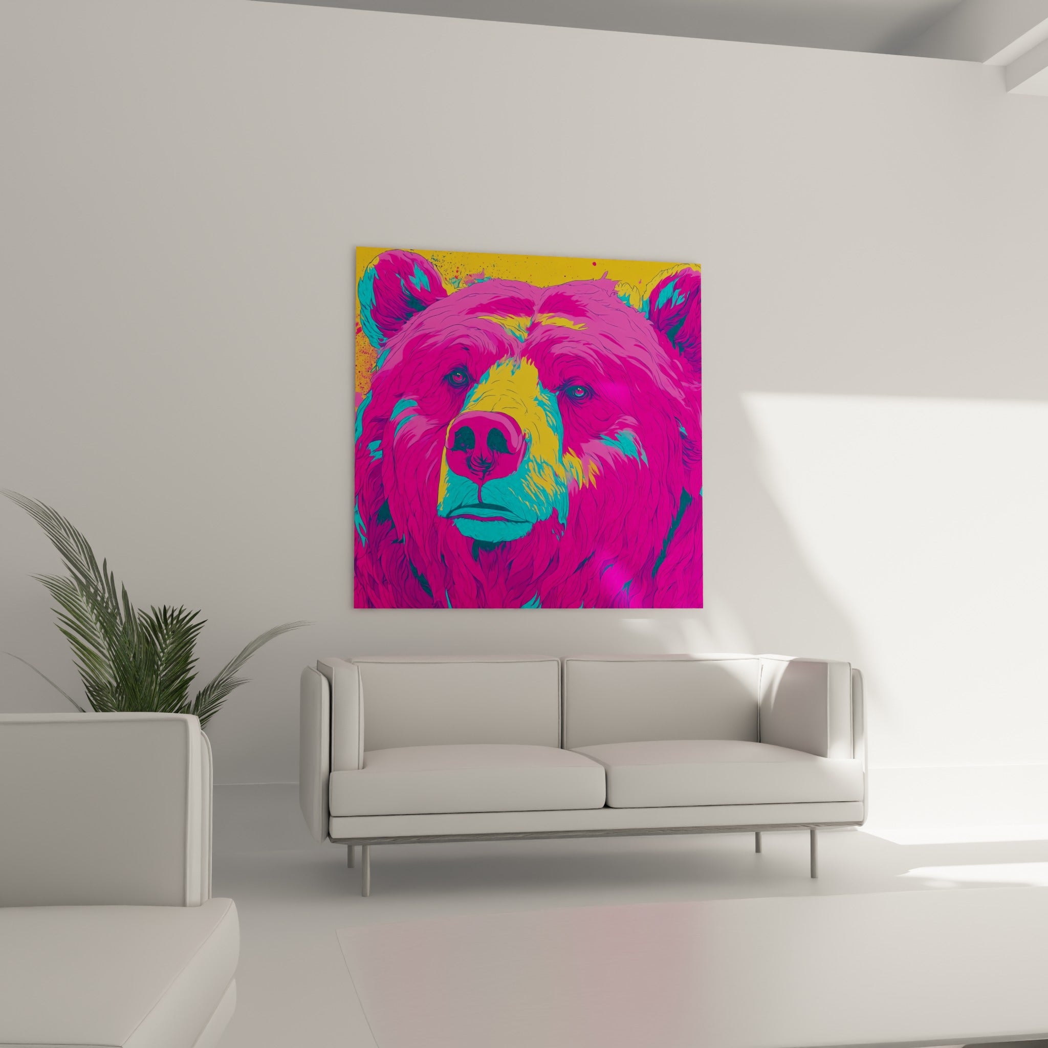 Ours brun aux teintes jaune vif et magenta placé au-dessus d'un canapé dans un salon lumineux