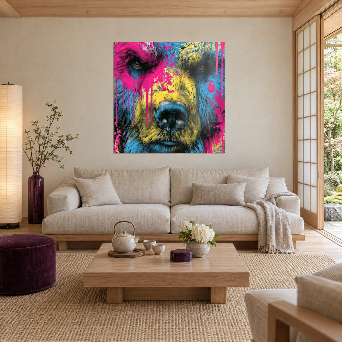 Schilderij beer met blauwe neuspunt en gele snuit, fuchsiaroze druipsels over de vacht, boven een bank in een lichte woonkamer