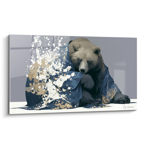 Tableau Ours brun enveloppé d'un kimono bleu - Sommeil enveloppé - Edition Ours brun