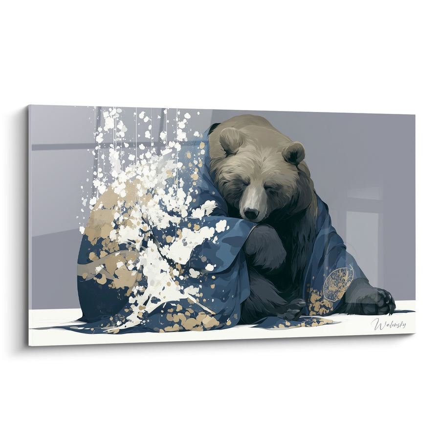 Tableau Ours brun enveloppé d'un kimono bleu - Sommeil enveloppé - Edition Ours brun