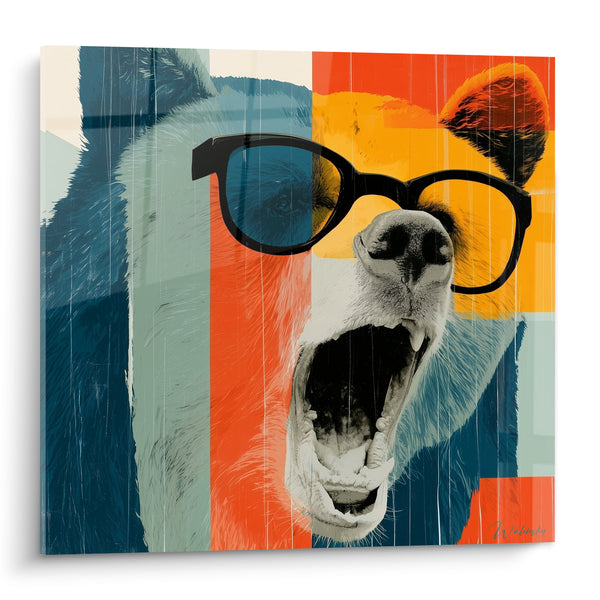 Tableau Ours brun rugissant lunettes noires bloc géométrique - Rugissement décalé - Edition Ours brun