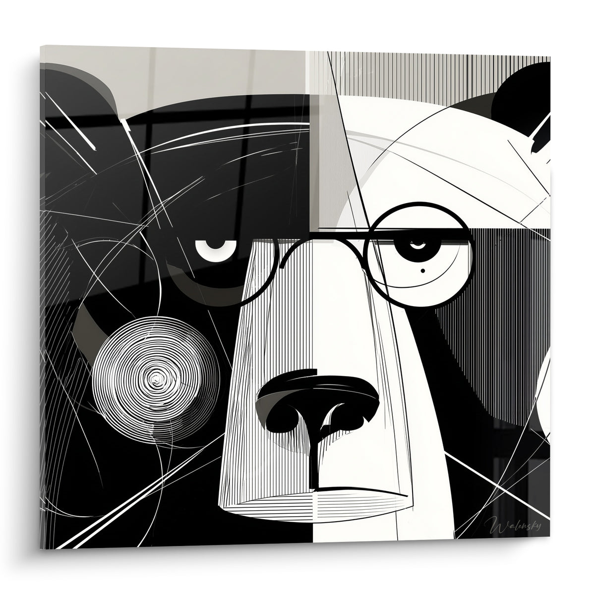 Ours brun graphique aux lunettes rondes, contraste noir profond et blanc cassé, motifs linéaires