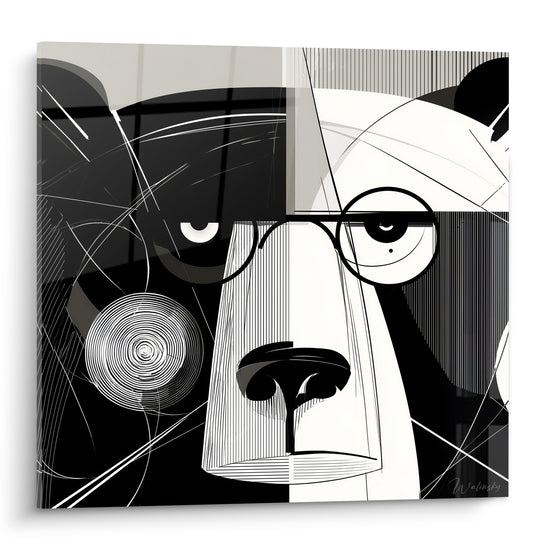 Ours brun graphique aux lunettes rondes, contraste noir profond et blanc cassé, motifs linéaires