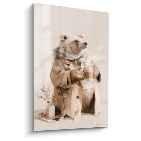Tableau Ours beige et blanc au gobelet fumant - Vase de brindilles séchées - Edition Ours brun