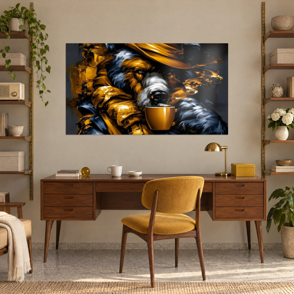 Wall art of a massive beast in felt and a golden trench coat, white muzzle and steaming ochre cup, hung above a wooden desk