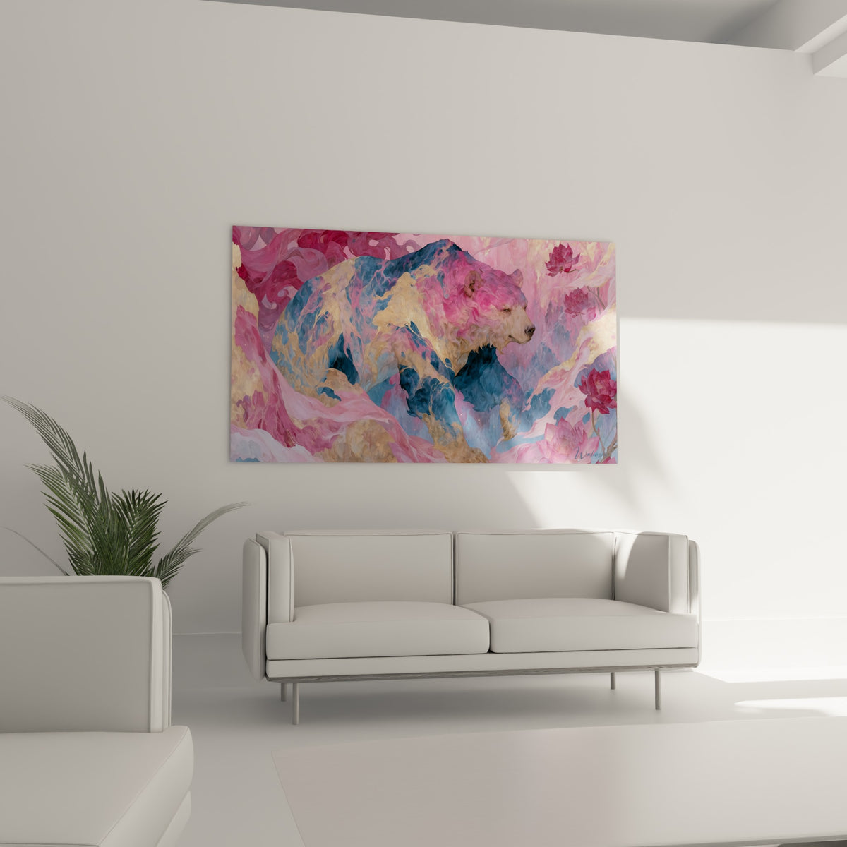 Créature majestueuse aux teintes roses et bleu ardoise, pivoines fleuries, au-dessus d'un canapé dans un salon lumineux