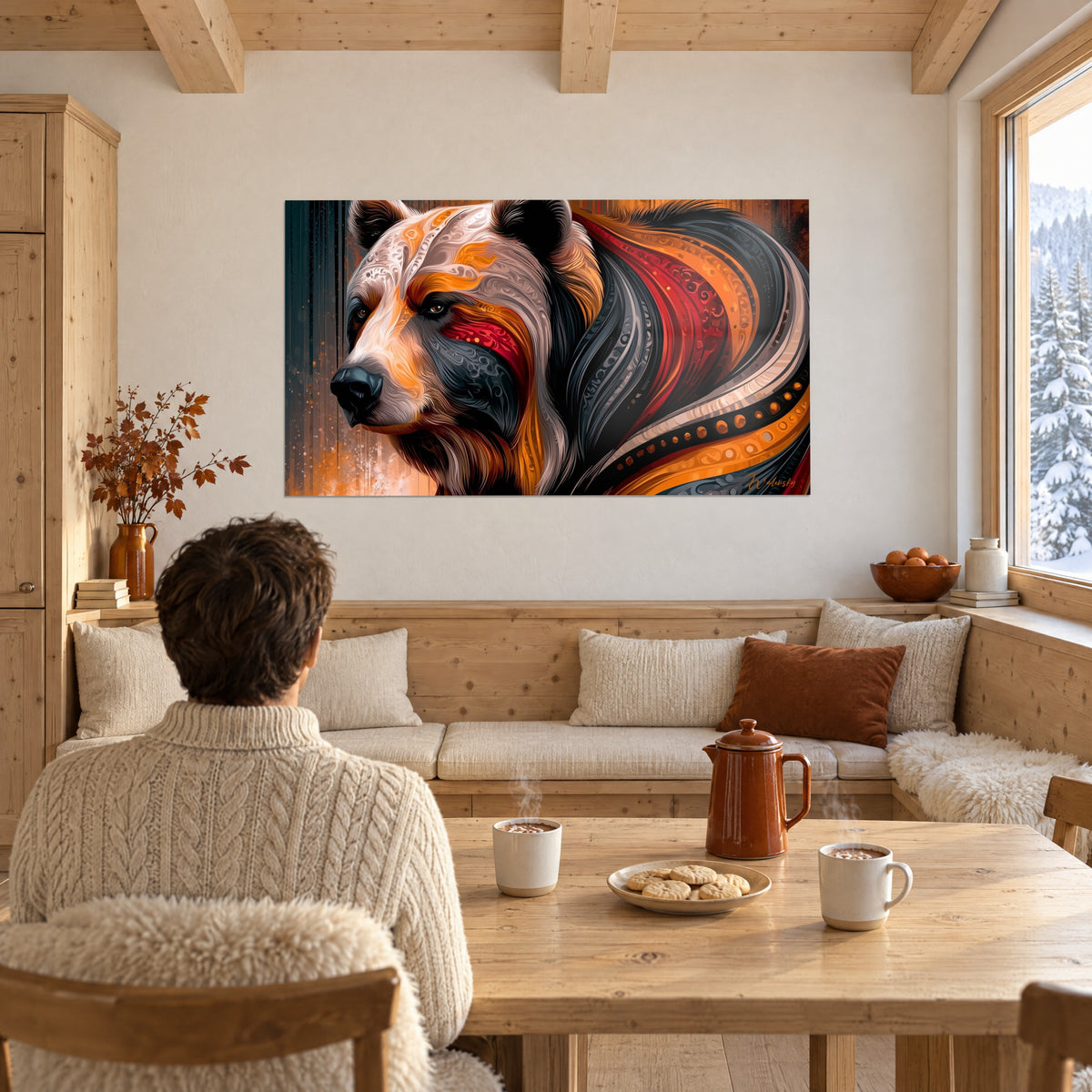 Tableau tête d'ours majestueuse aux ornements gris, ocre et rouge, un homme de dos dans un coin repas en bois