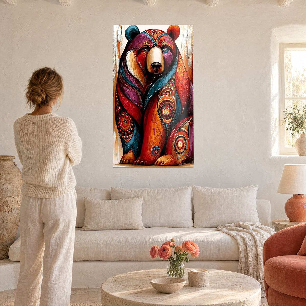 Cuadro Oso pardo macizo con motivos ocre y turquesa, hocico crema, frente a una mujer de espaldas, sobre un sofá en un salón luminoso