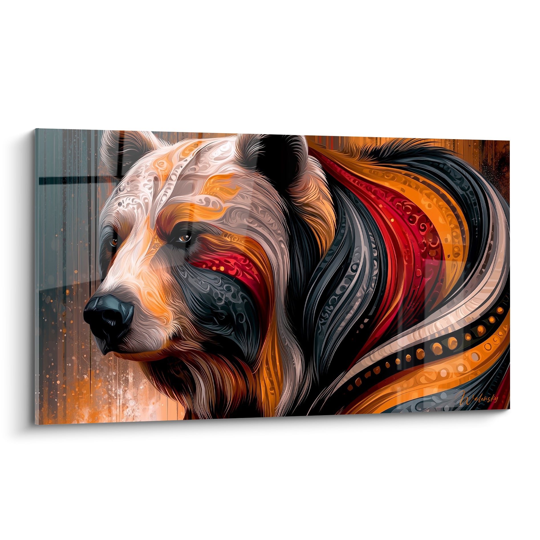 Ours brun au regard perçant, pelage rouge, ocre et anthracite orné de motifs tribaux
