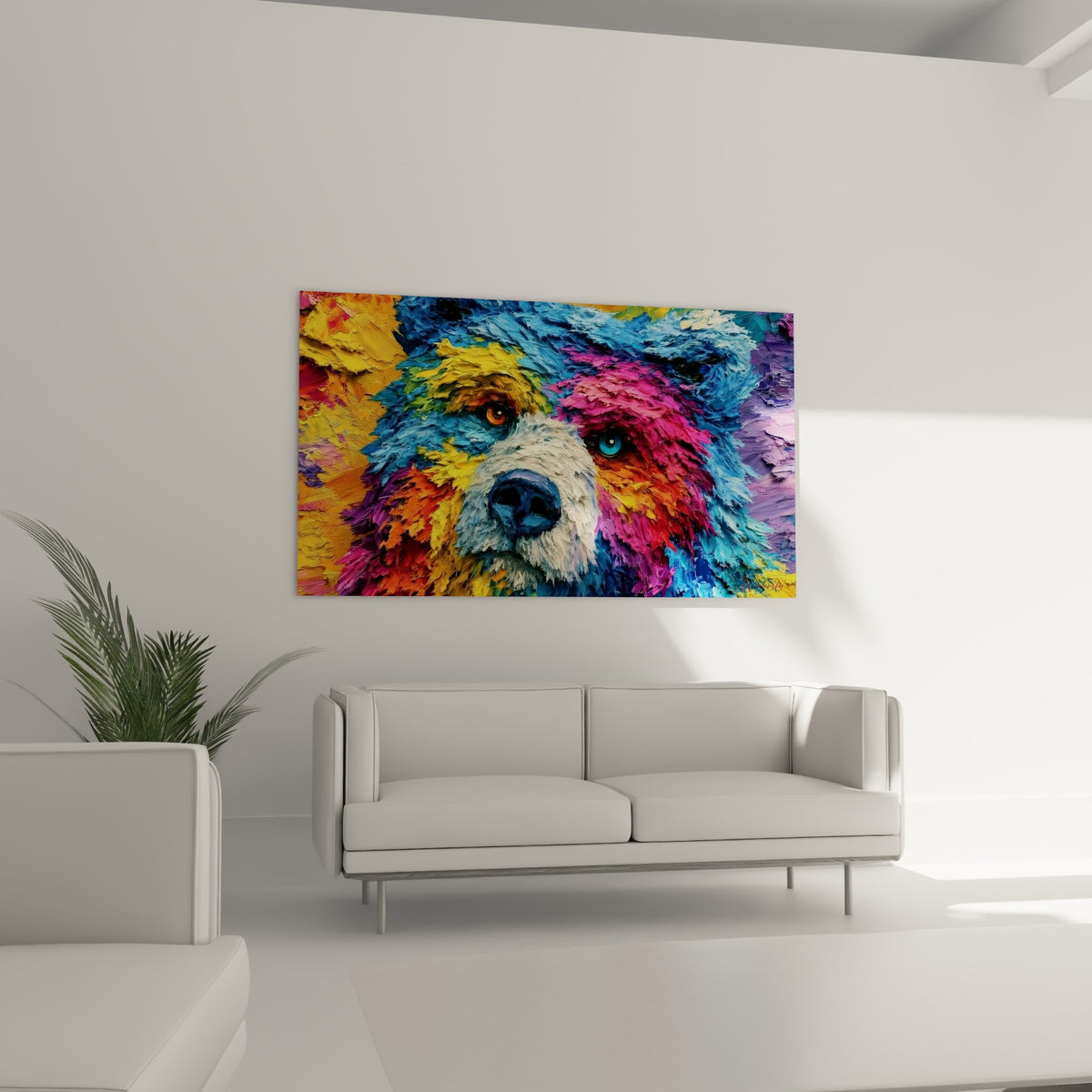 Museau d'ours brun blanc entouré de touches turquoise et fuchsia au-dessus d'un canapé dans un salon lumineux