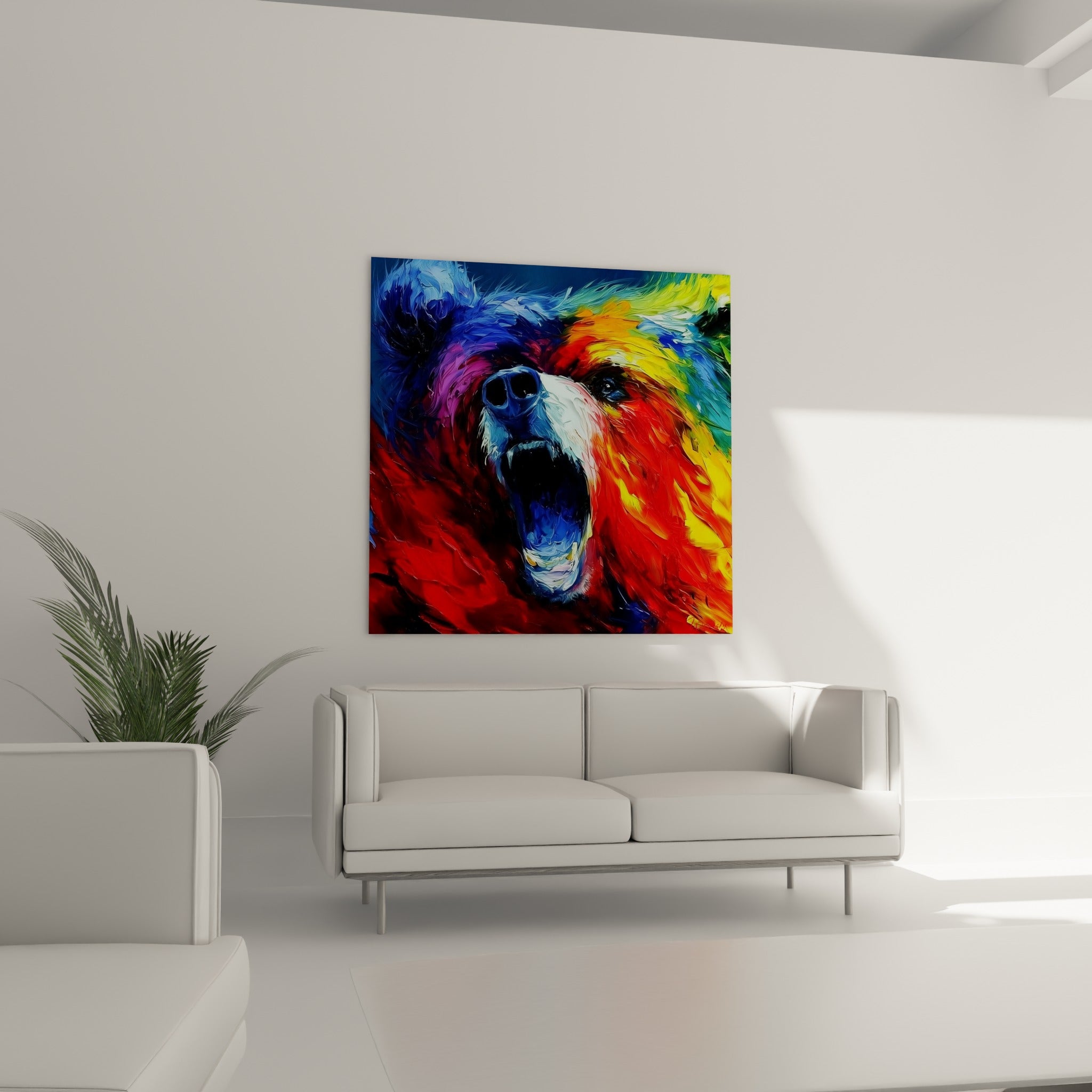 Museau blanc de l'ours brun entouré de rouge et bleu au-dessus d'un canapé dans un salon lumineux