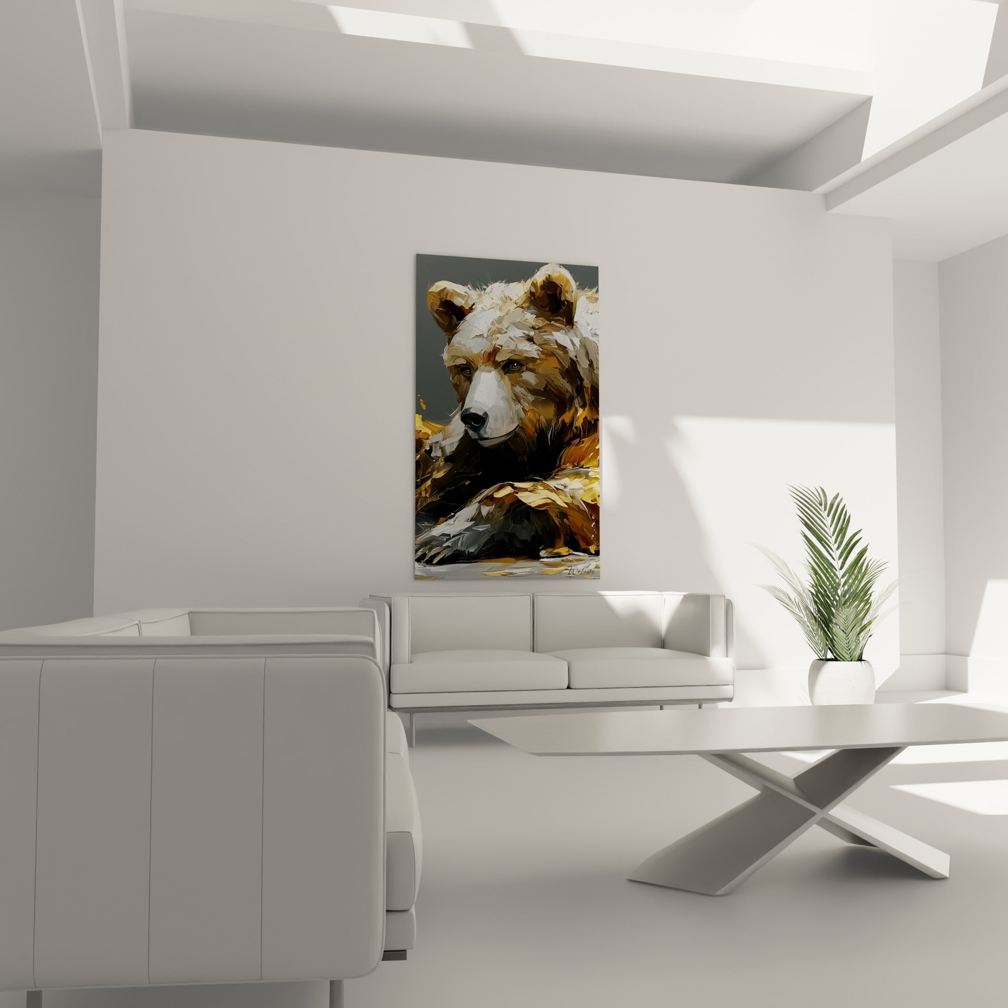 Museau blanc et pelage brun texturé de l'ours, suspendu au-dessus d'un canapé dans un salon lumineux