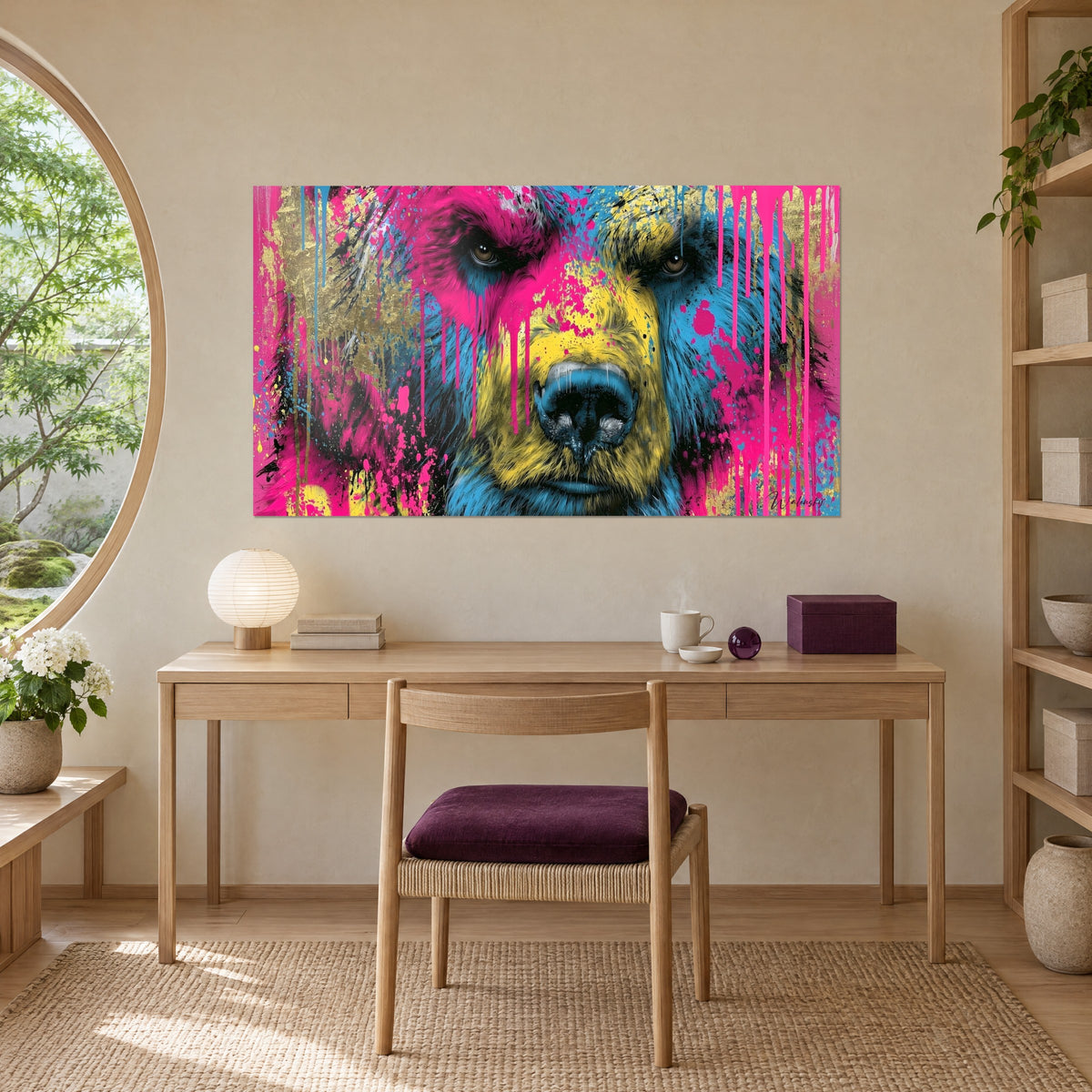 Πίνακας πορτρέτου αρκούδας σε pop art με ροζ, μπλε και κίτρινο, χρυσές αναλαμπές, πάνω από γραφείο από ανοιχτόχρωμο ξύλο