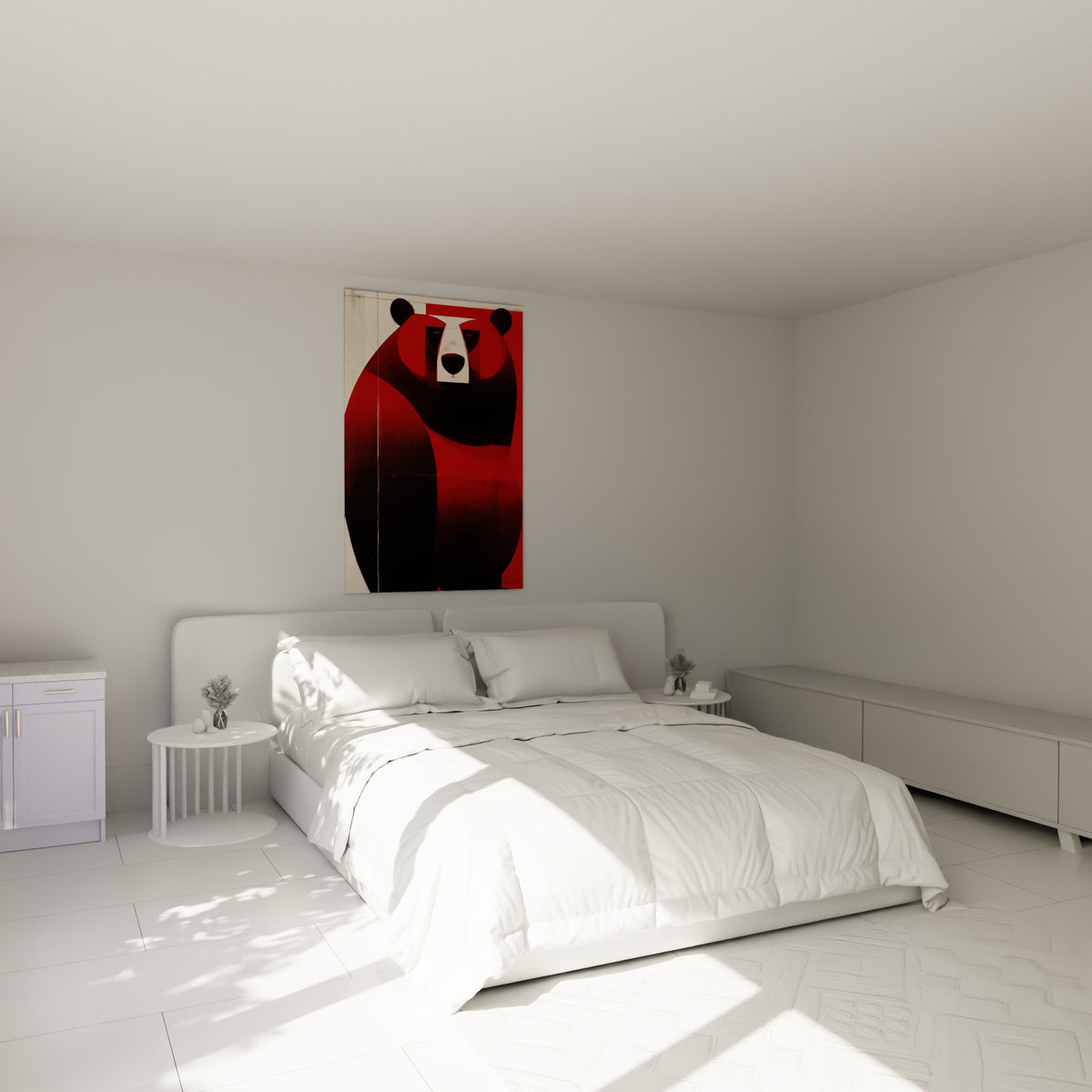 Regard sombre de l'ours brun rouge et noir, accroché au-dessus d'un lit dans une chambre claire