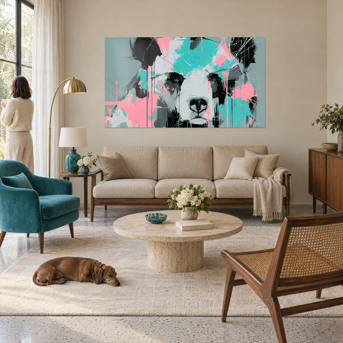 Quadro orso dallo sguardo frontale, muso nero e schizzi turchesi e rosa, sopra un divano in un soggiorno luminoso