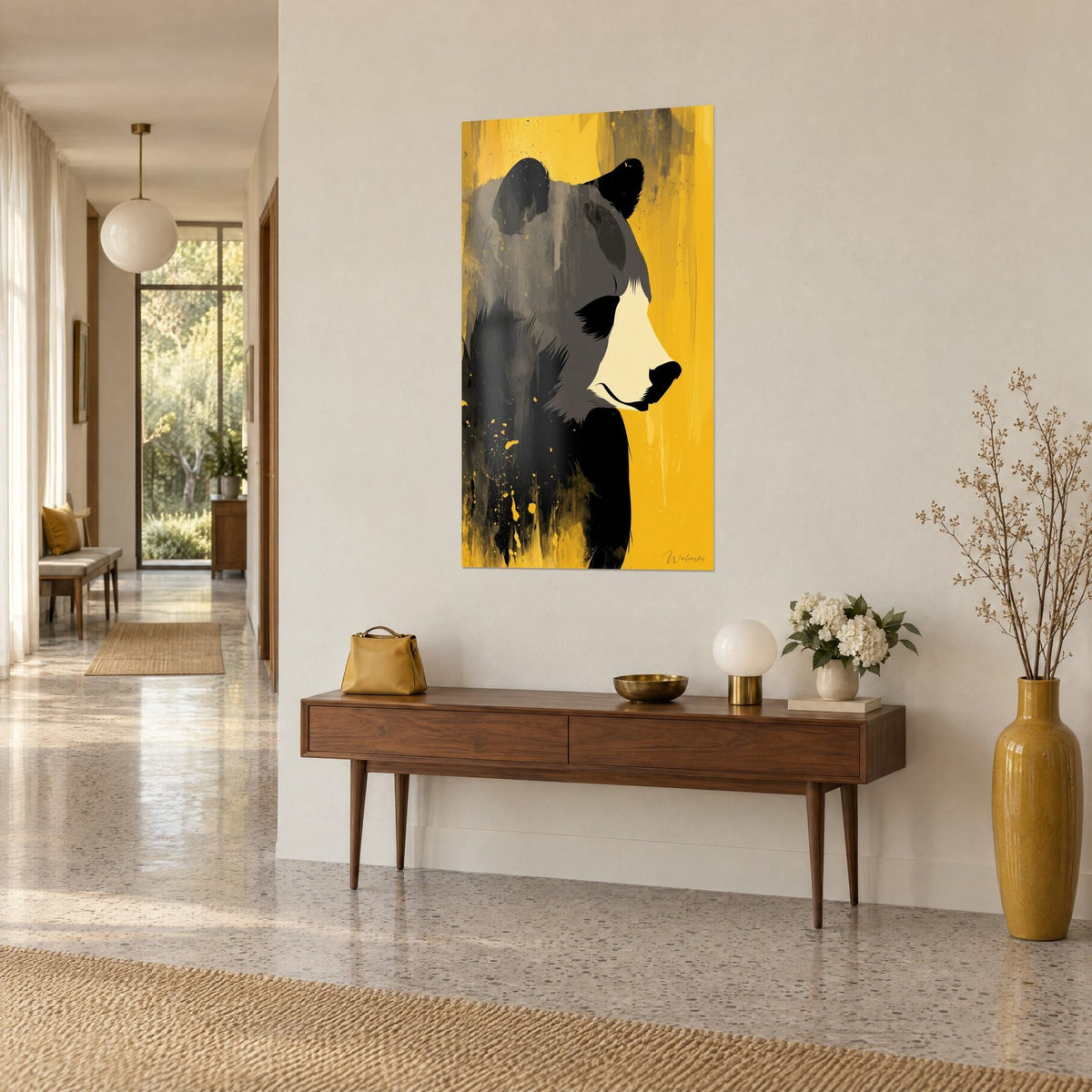 Wall art bear portrait in profile, speckled grey and black fur, ivory muzzle on mustard-yellow background, wooden console and gilded vase