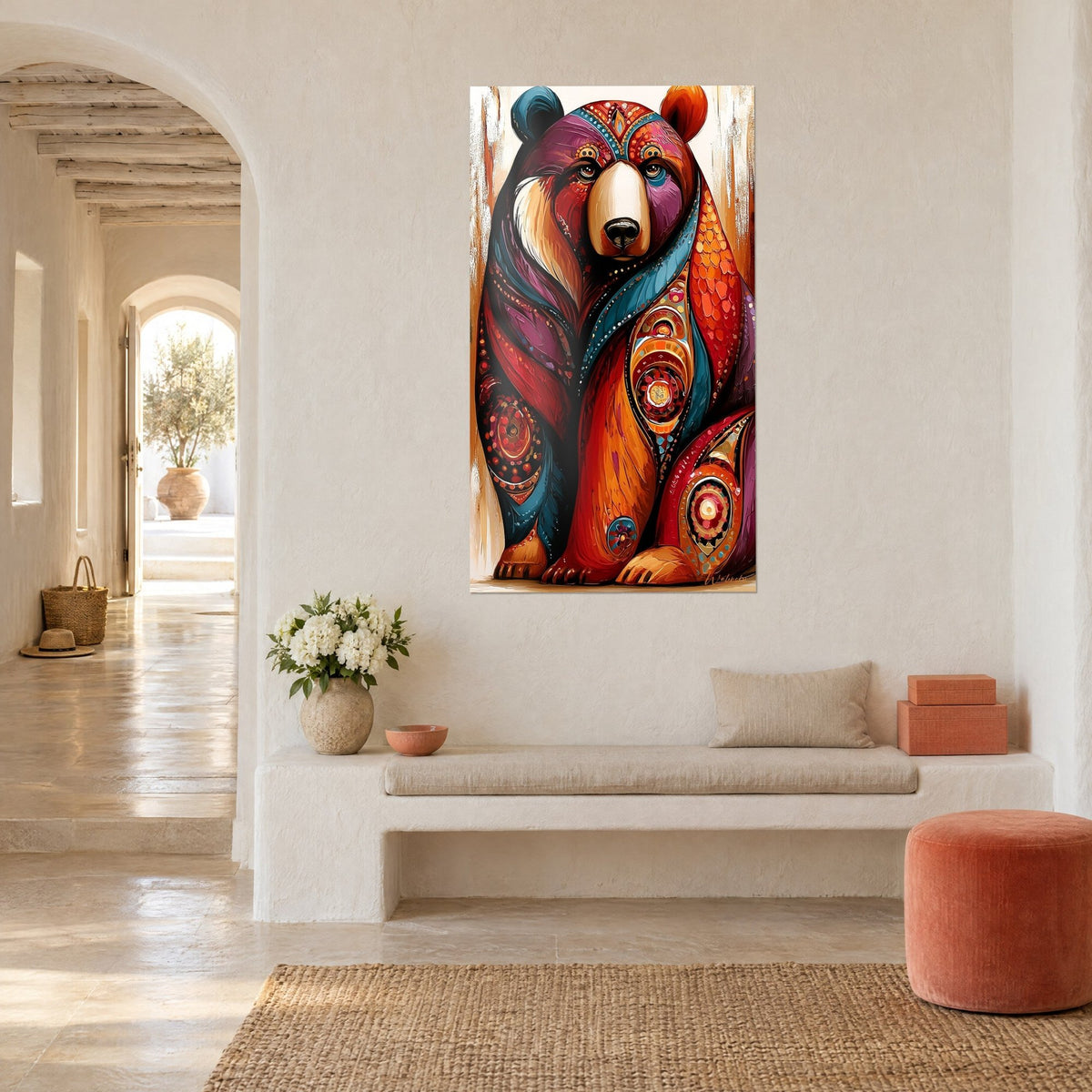 Cuadro Guardián ancestral en pintura ornamental, pelaje rojo burdeos y azul pato, vista de tres cuartos junto a un banco de piedra clara