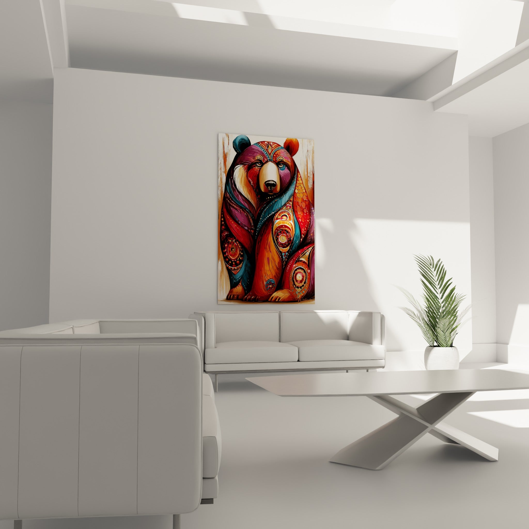 Ours brun ornemental terracotta et violet, museau crème réaliste, au-dessus d'un canapé dans un salon lumineux