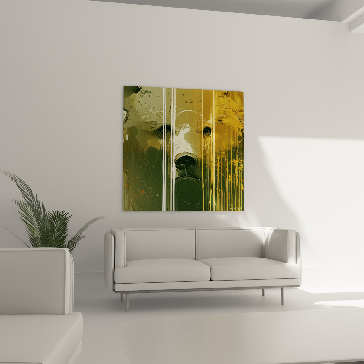 Museau d'ours brun strié de blanc et de doré, accroché au-dessus d'un canapé dans un salon lumineux