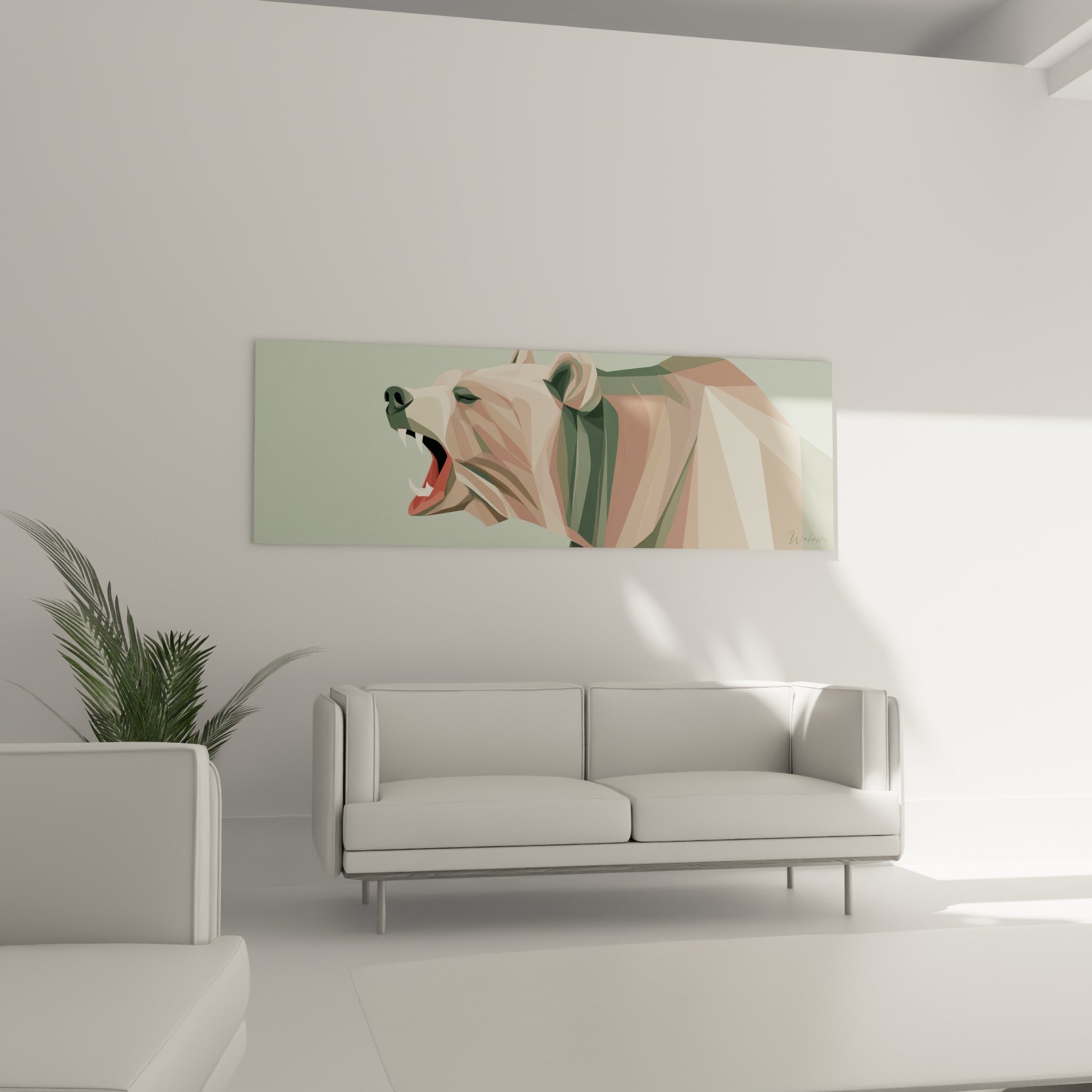 Museau facetté de l'ours brun rose et anthracite accroché au-dessus d'un canapé dans un salon lumineux