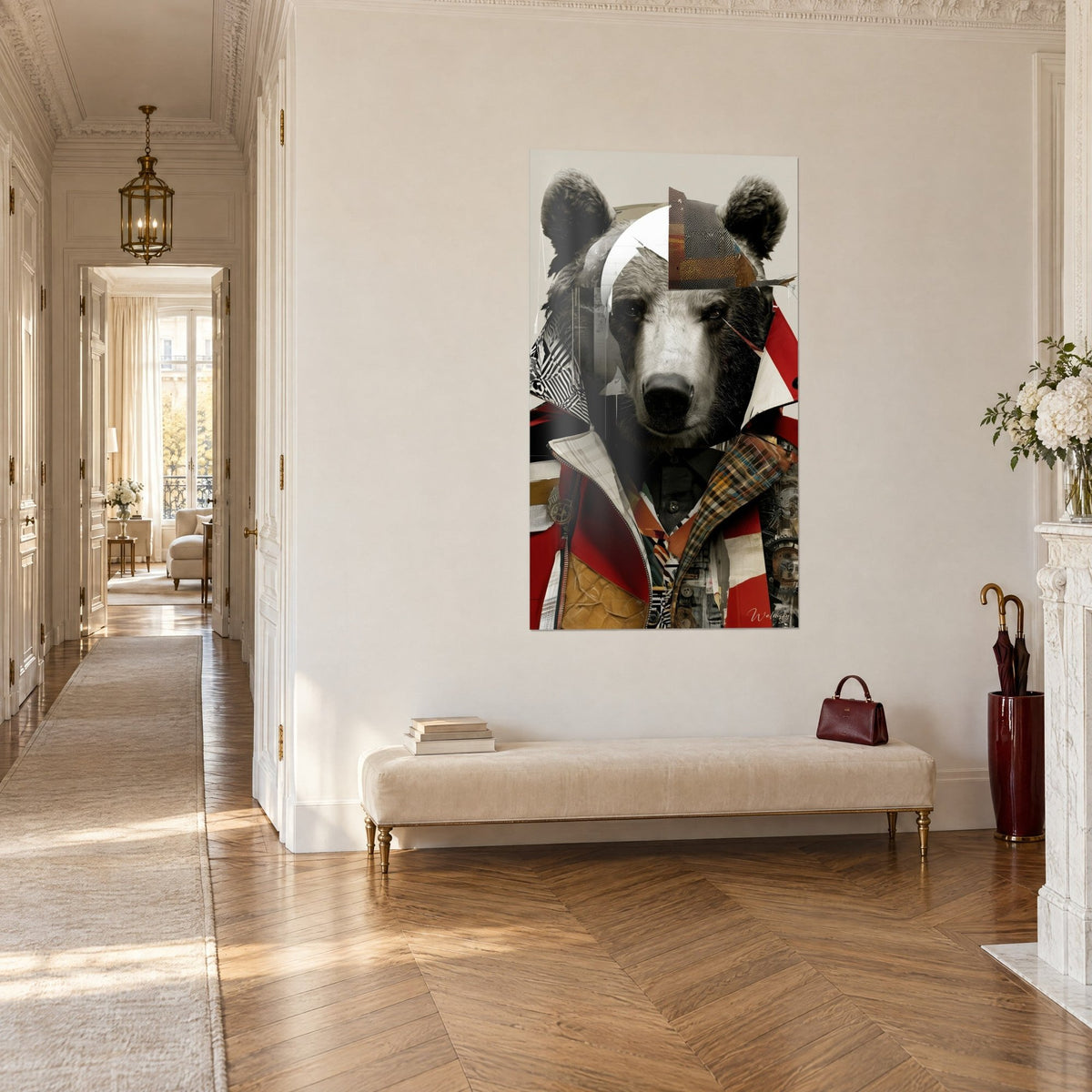 Wall art grizzly bear in collage, black and white striped collar, red coat, tartan lining, Haussmann hallway and herringbone parquet floor