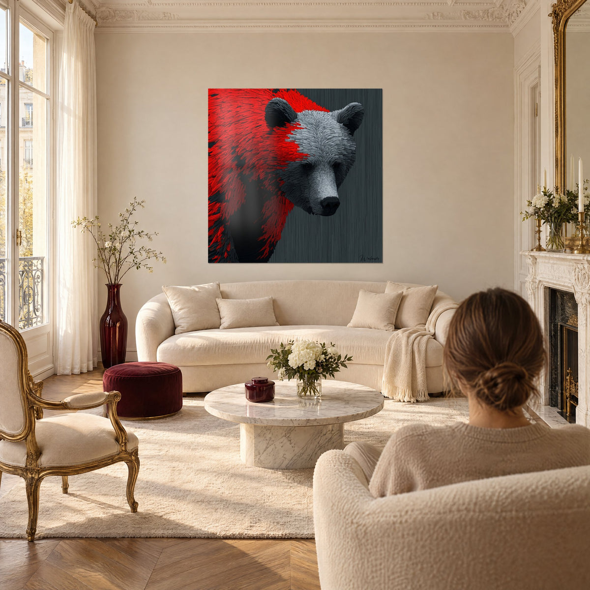 Wall art brown bear with vivid red and silver-grey fur, black muzzle, hung above a sofa in a bright living room
