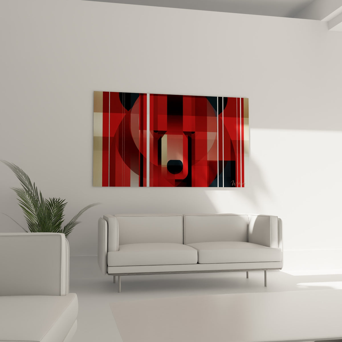 Museau d'ours brun noir cerné de rouge intense et de bandes dorées, au-dessus d'un canapé dans un salon lumineux