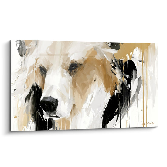 Ours brun au museau noir intense, pelage beige et coulures dorées sur fond blanc