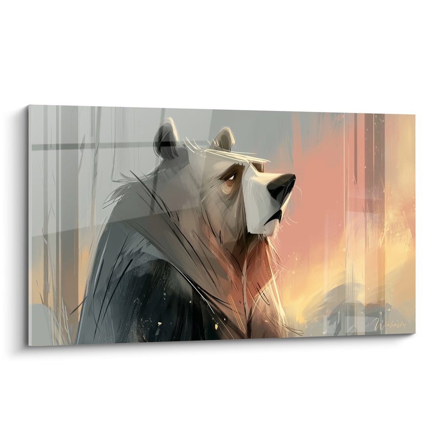 Tableau Ours brun gris et corail dans la brume - Veille silencieuse - Edition Ours brun