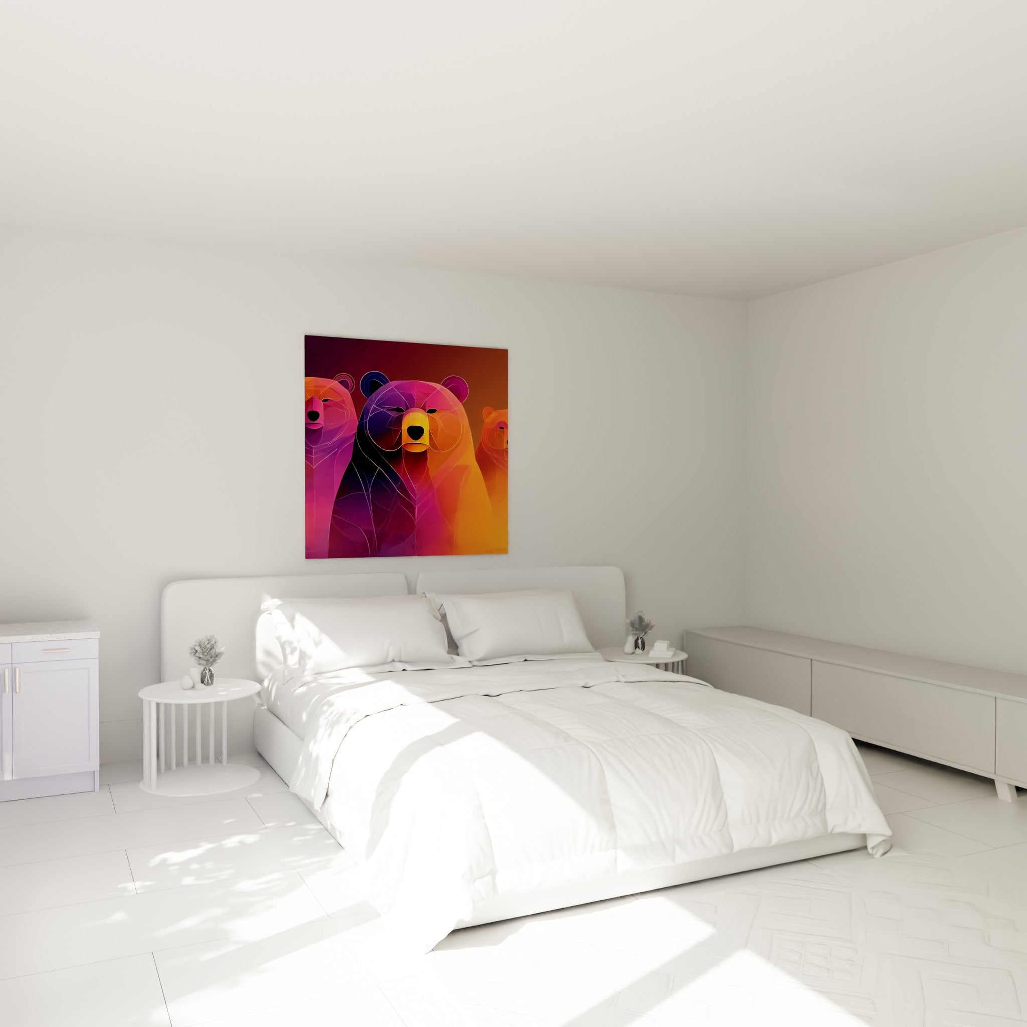 Trio d'ours géométriques violet et orange accroché au-dessus d'un lit dans une chambre claire