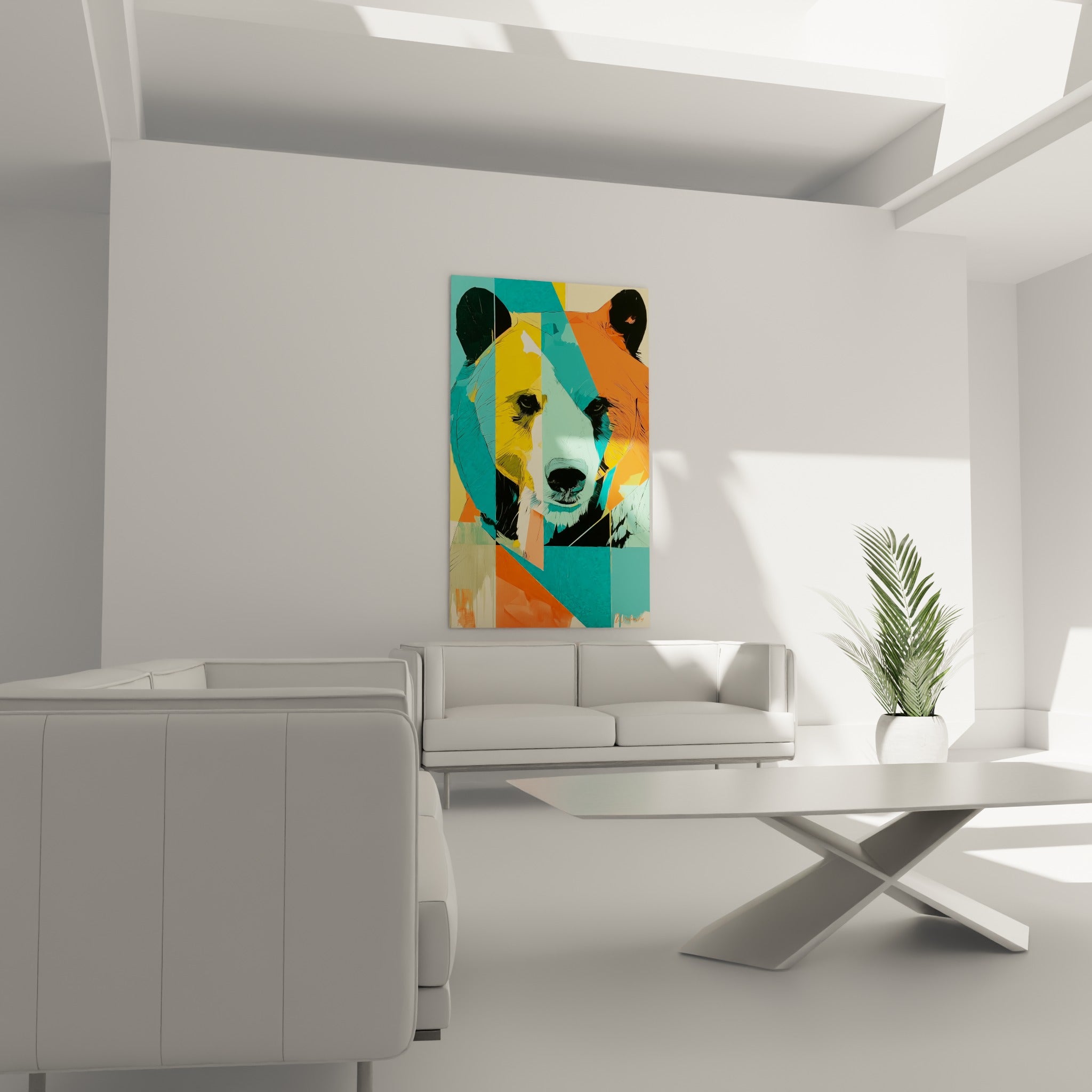 Regard d'ours brun composé de blocs turquoise et orange, disposé au-dessus d'un canapé dans un salon lumineux