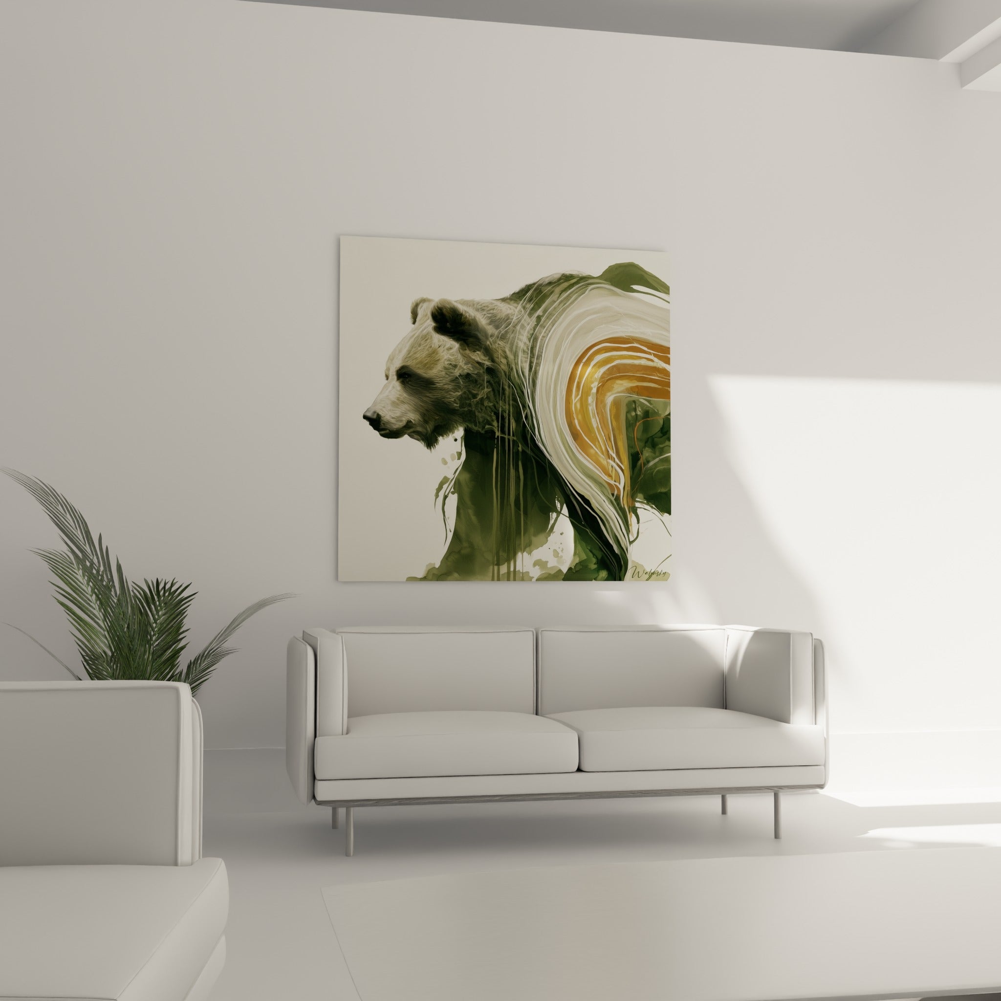 Museau d'ours brun réaliste entouré de coulures vert olive et blanches, au-dessus d'un canapé dans un salon lumineux