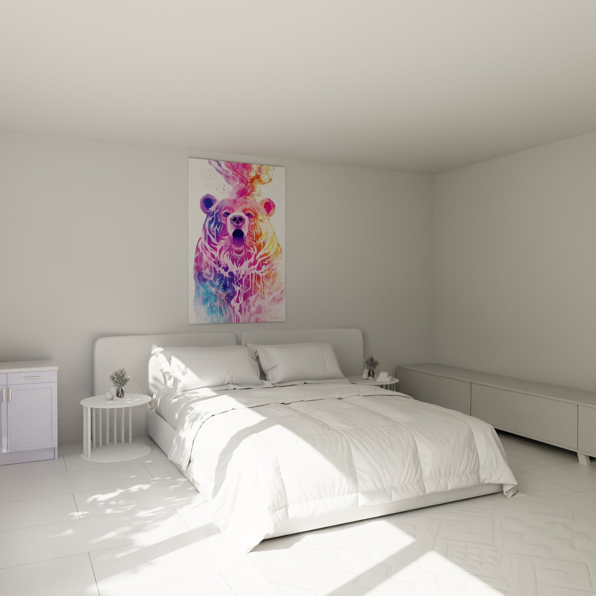 Museau rose et regard clair de l'ours brun aquarelle, au-dessus d'un lit dans une chambre claire