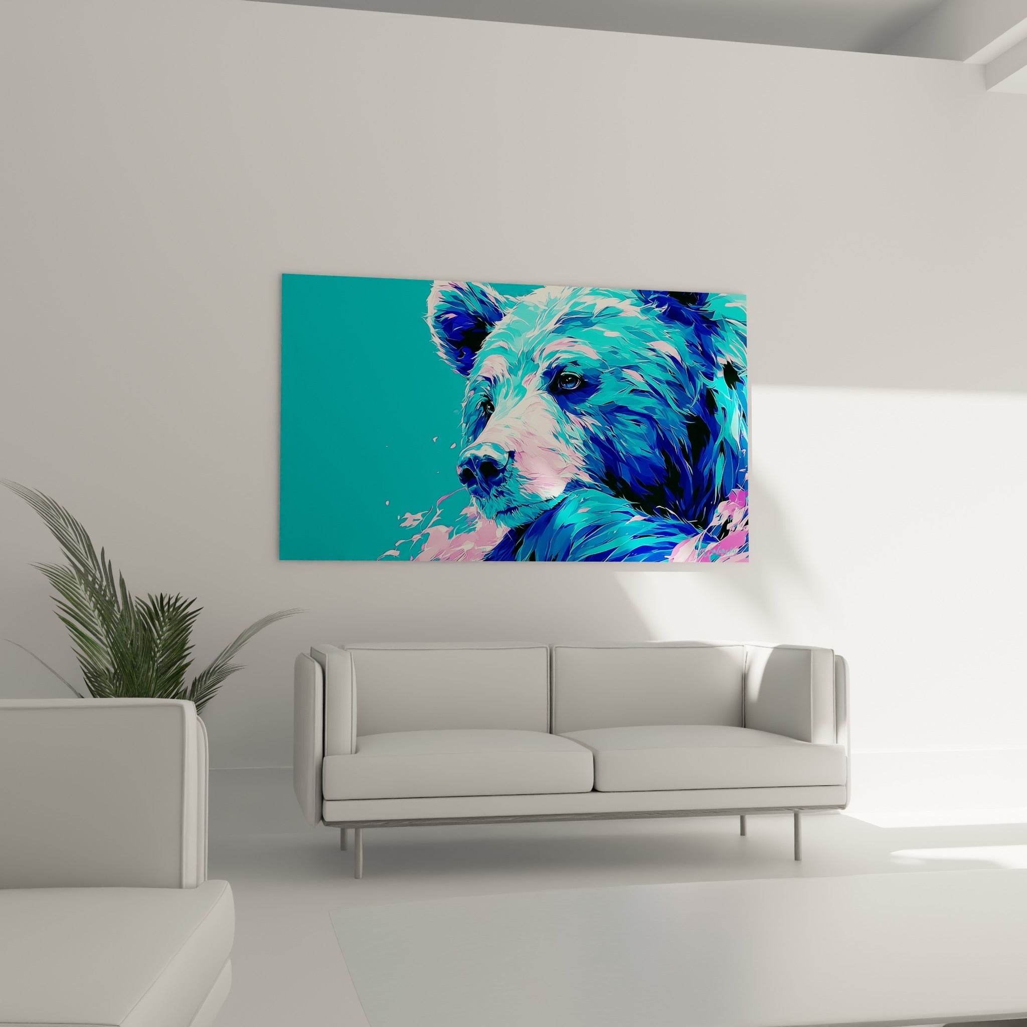 Museau d'ours brun rose pastel et fourrure turquoise placé au-dessus d'un canapé dans un salon lumineux