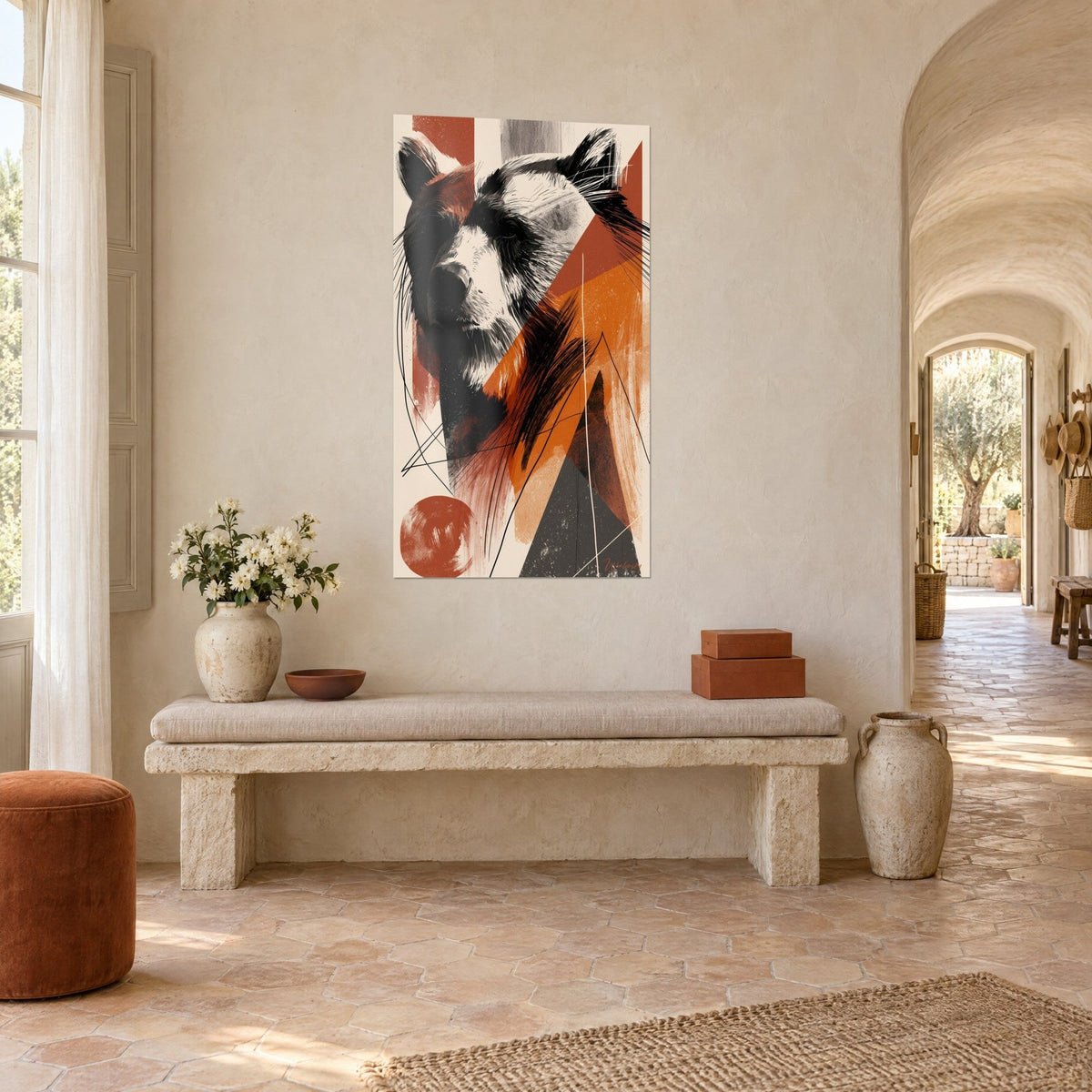 Wall art grizzly bear with black and white hatched fur, rust and anthracite grey blocks, stone bench and Provençal farmhouse