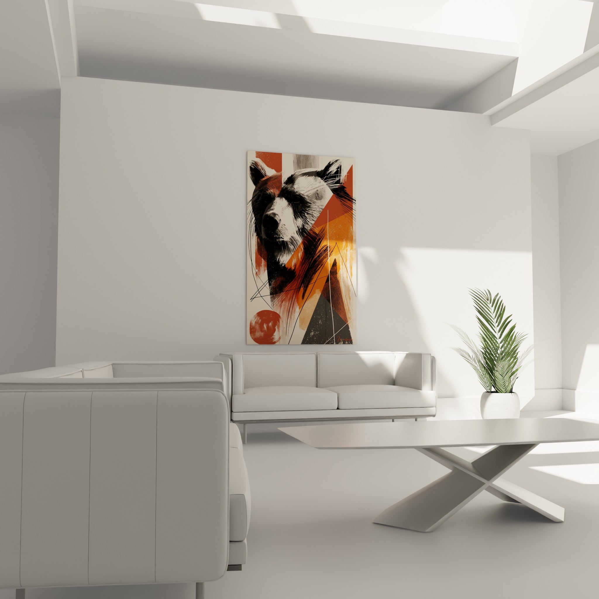Museau sombre et regard apaisé de l'Ours brun sur fond orange brûlé, accroché au-dessus d'un canapé dans un salon lumineux
