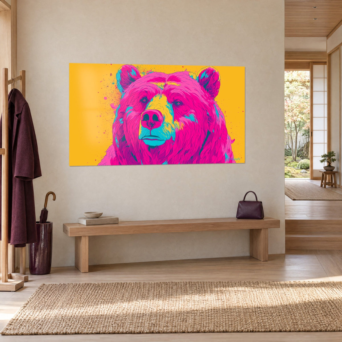 Tableau fauve au pelage fuchsia tracé de traits fins, yeux ambrés, aplat jaune safran, au mur d'une entrée japandi