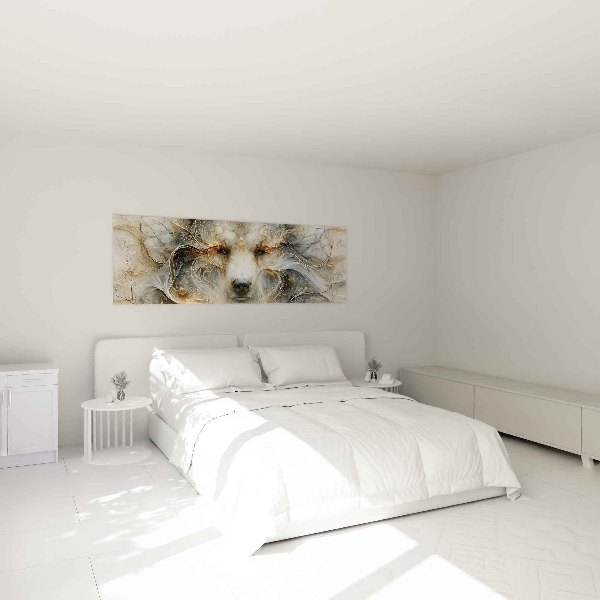 Ours brun mystique en volutes anthracite et or, accroché au-dessus d'un lit dans une chambre claire