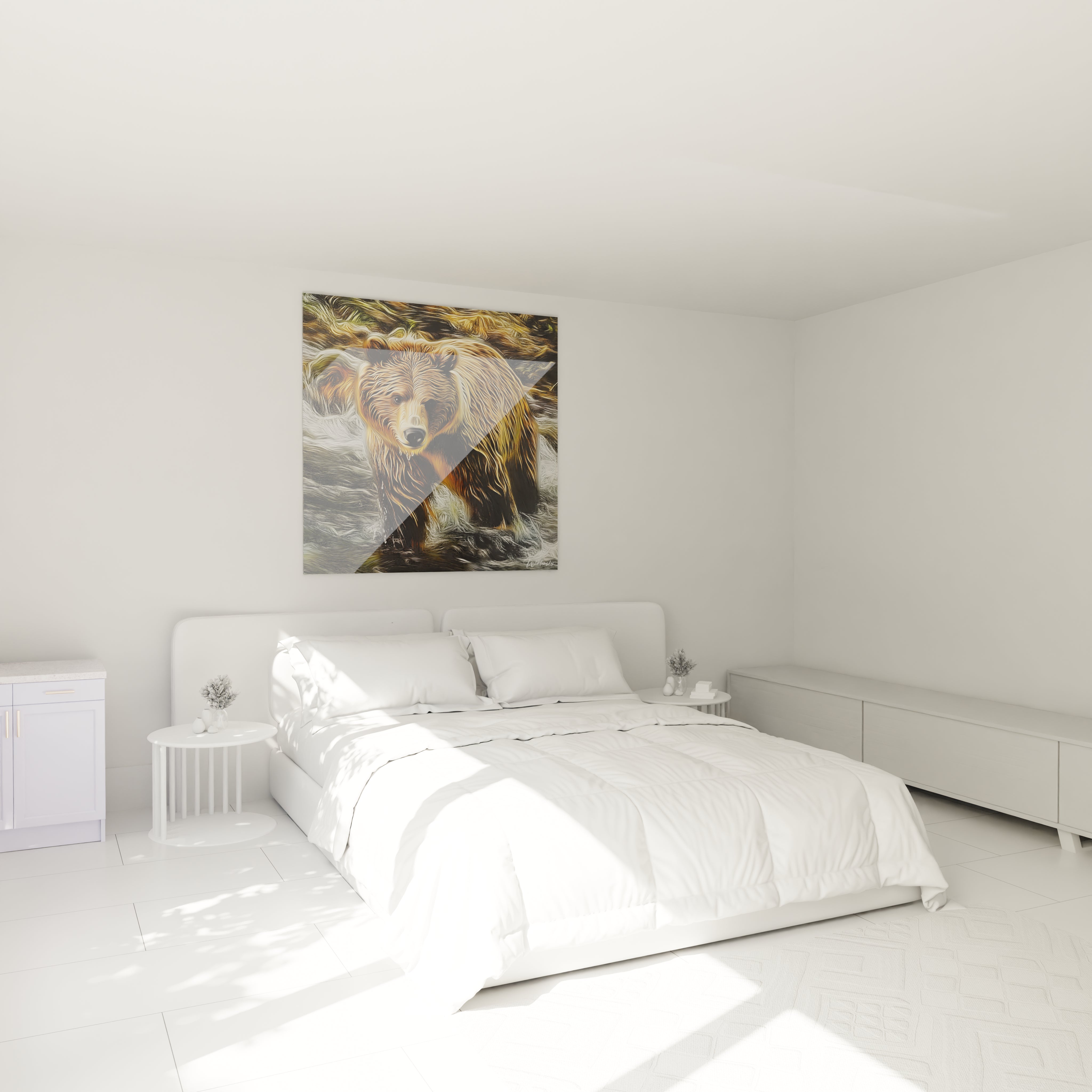 Tableau ours brun Walensky accroché au mur d'une chambre blanche moderne avec lit double