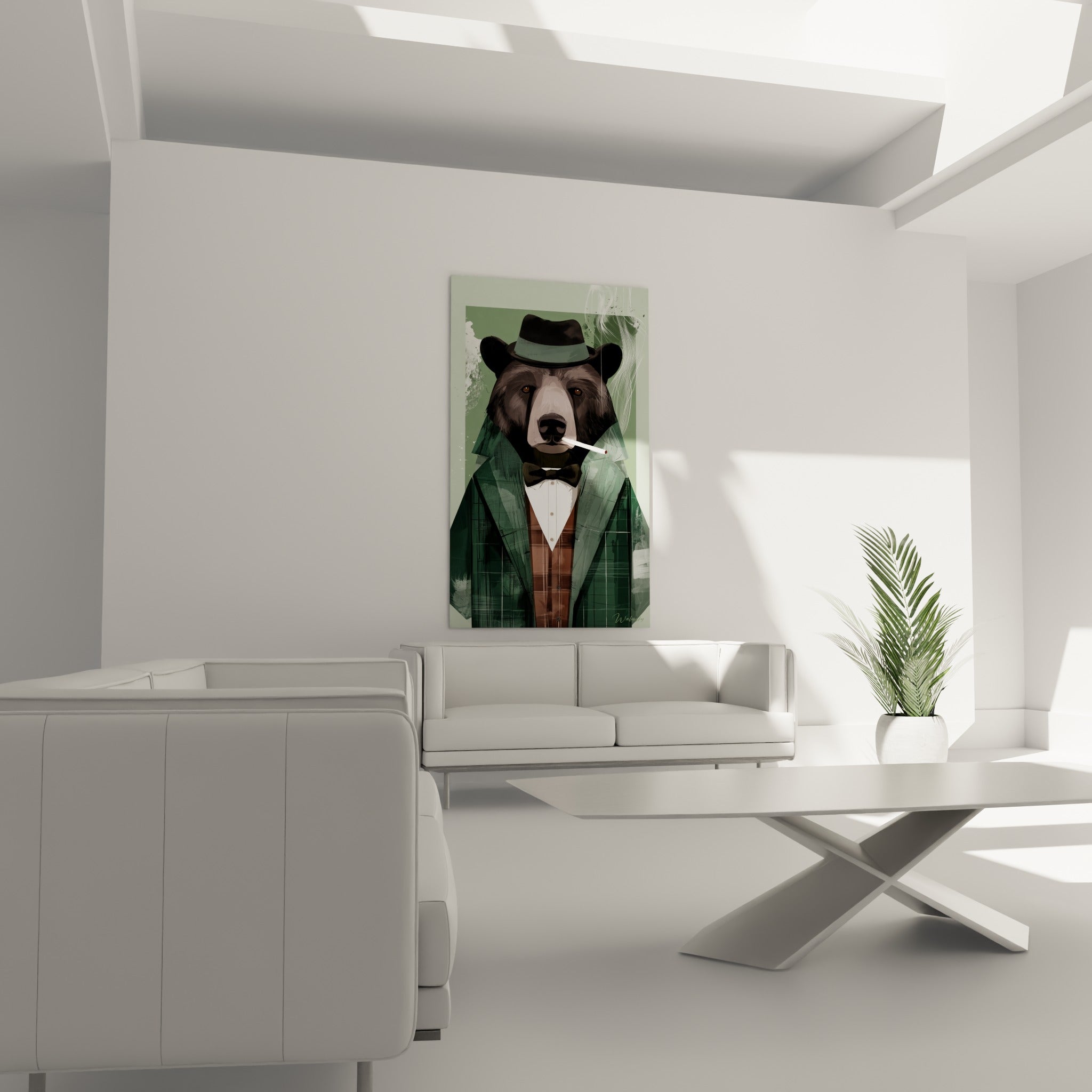 Ours brun élégant en gilet terracotta et nœud papillon noir, placé au-dessus d'un canapé dans un salon lumineux