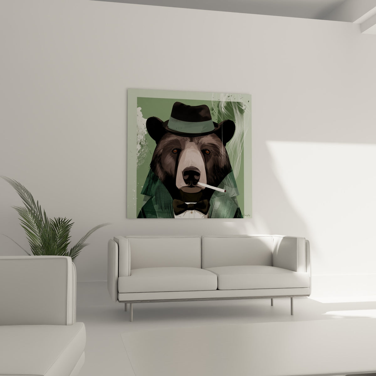 Ours brun au regard doré et nœud papillon sombre, suspendu au-dessus d'un canapé dans un salon lumineux