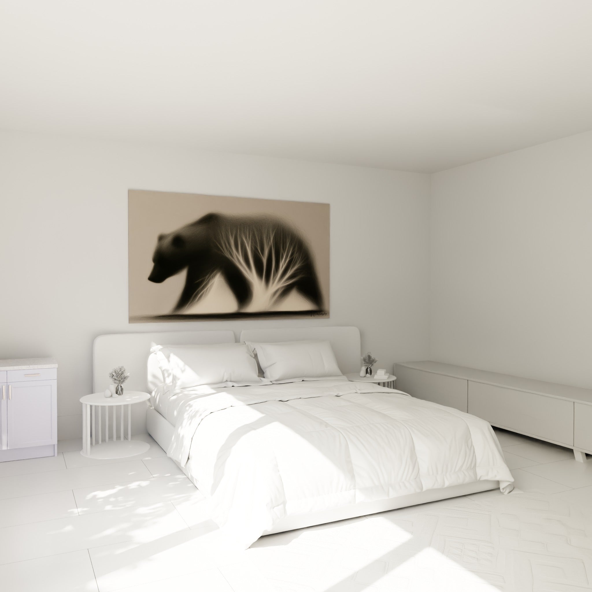 Silhouette d'ours brun noir et beige aux ramifications lumineuses, au-dessus d'un lit dans une chambre claire