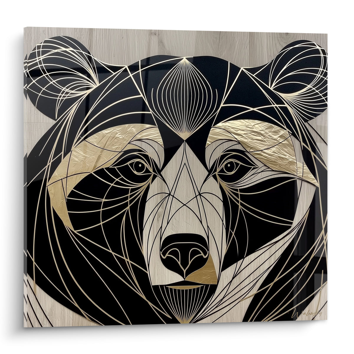 Ours brun graphique noir et doré, regard frontal, lignes fines sur fond bois clair