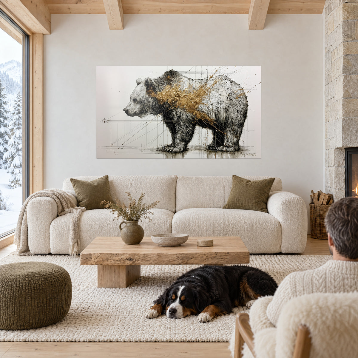 Gemälde Braunbär im Profil, schwarzes und weißes Fell mit goldenen Glanzpunkten an der Schulter, über einem Sofa in einem hellen Wohnzimmer