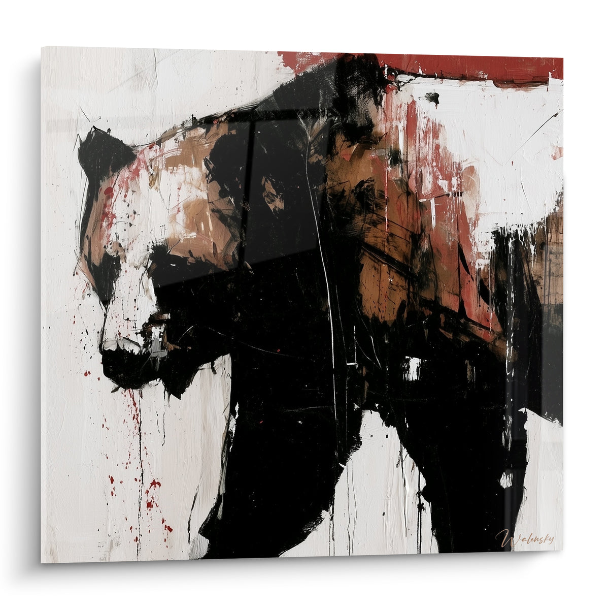 Ours brun peint en noir profond, ocre et rouge sang, style expressionniste au couteau