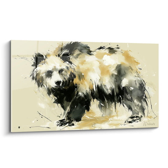 Ours brun peint en touches ocre et anthracite, silhouette massive sur fond beige crème